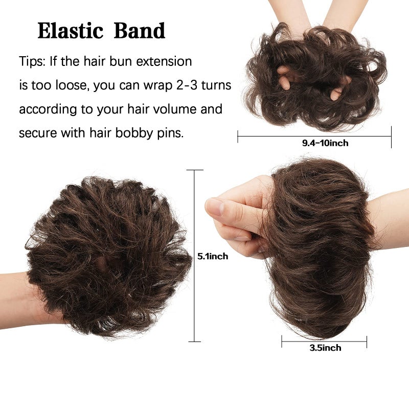 FESHFEN Human Messy Buns - 100% Human Hair Bun Real Scrunchies Hair Pieces Ponytail Extensions Wavy Tousled Updo Chignon Hairpieces for Women, Brown - Image 3